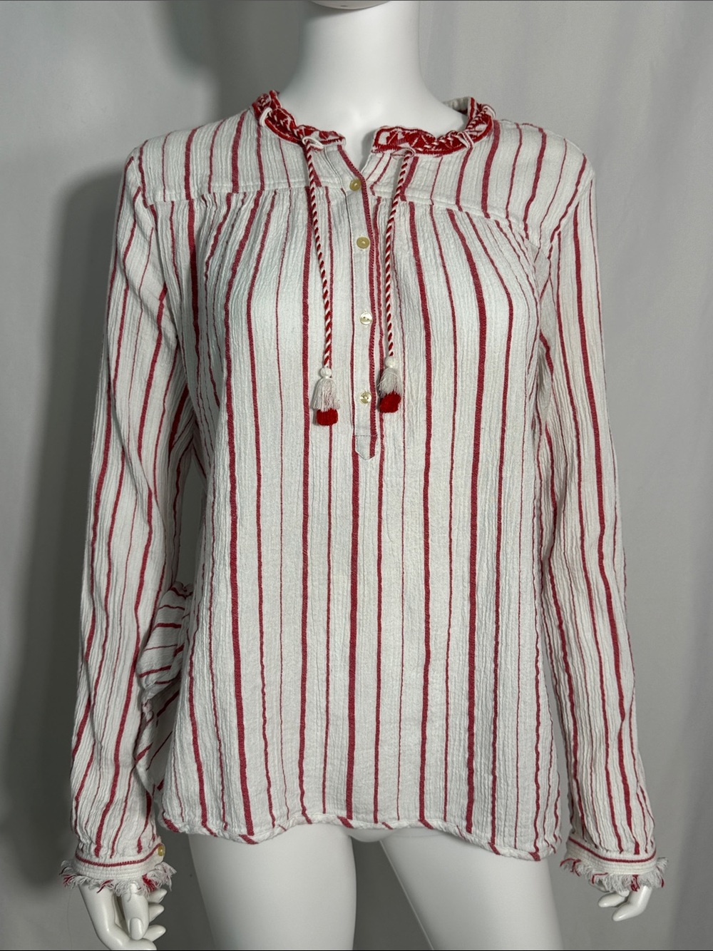 Scotch & Soda Red White Striped Boho Tassel Peasant Blouse Size Medium
